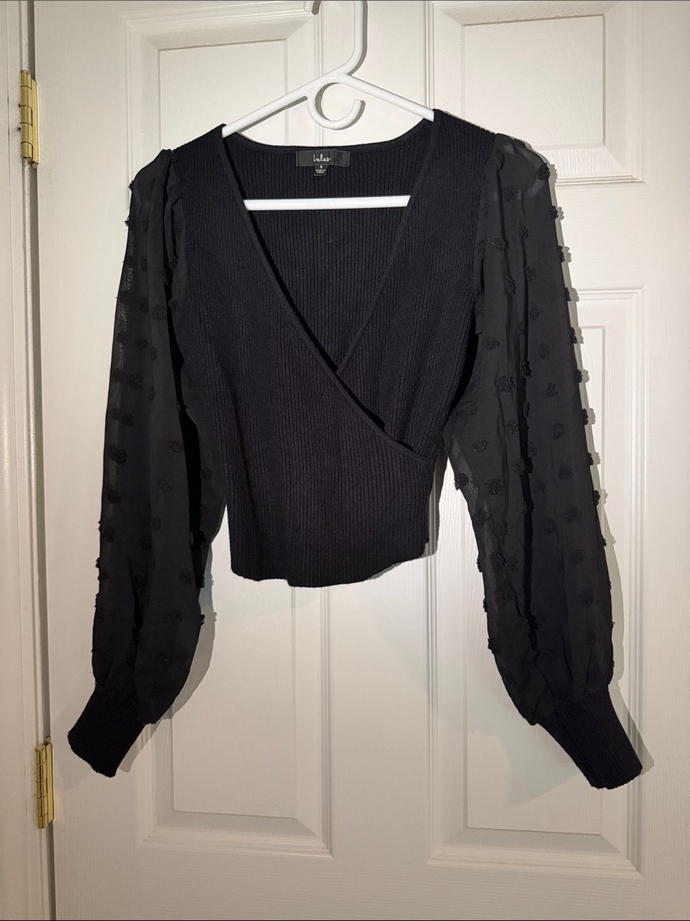 Lulu's Black Ribbed Wrap Top with Sheer Dot Puff Sleeves